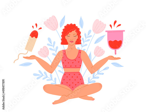 Woman choosing between menstrual cup and tampon.