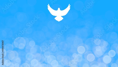 Banner azzurro con colomba bianca pasquale che vola. Libertà. Pace. Pasqua 