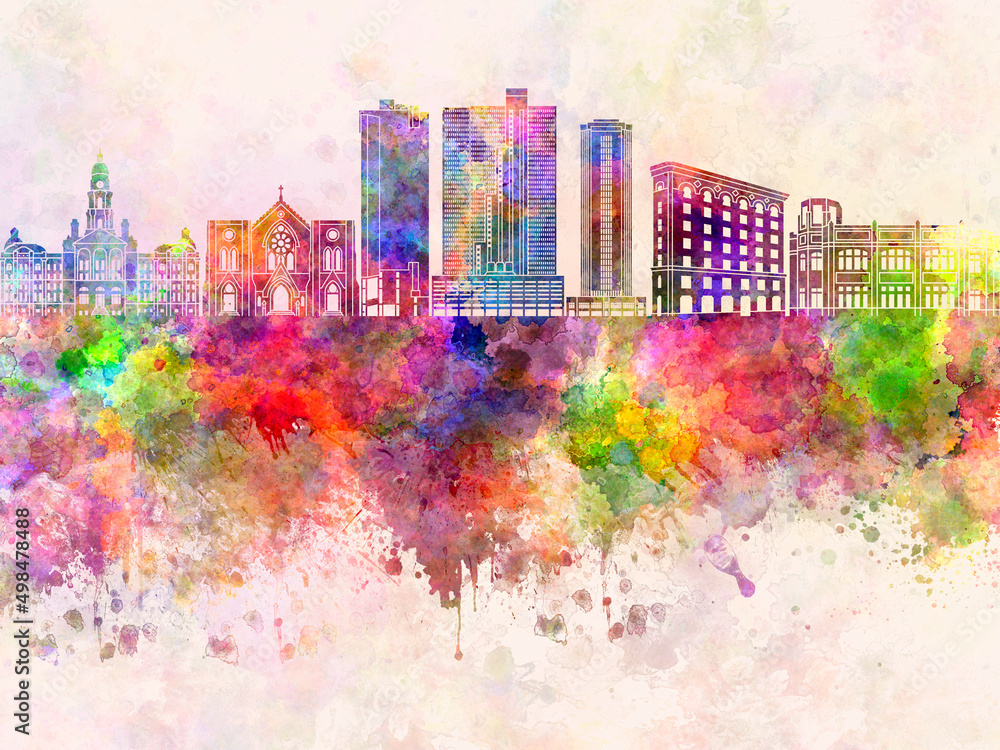 Fort Worth skyline in watercolor background