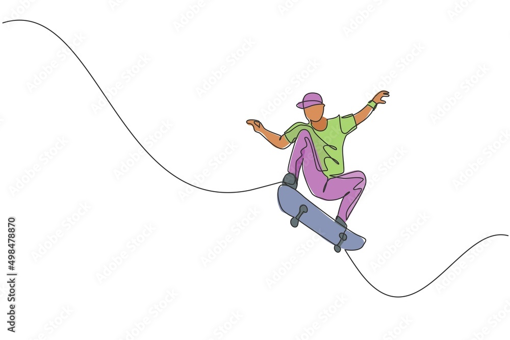 One continuous line drawing of young cool skateboarder man riding skateboard and doing a jump trick in skatepark. Extreme teenager sport concept. Dynamic single line draw design vector illustration One continuous line drawing of young cool skateboarder man riding skateboard and doing a jump trick in skatepark. Extreme teenager sport concept. Dynamic single line draw design vector illustration