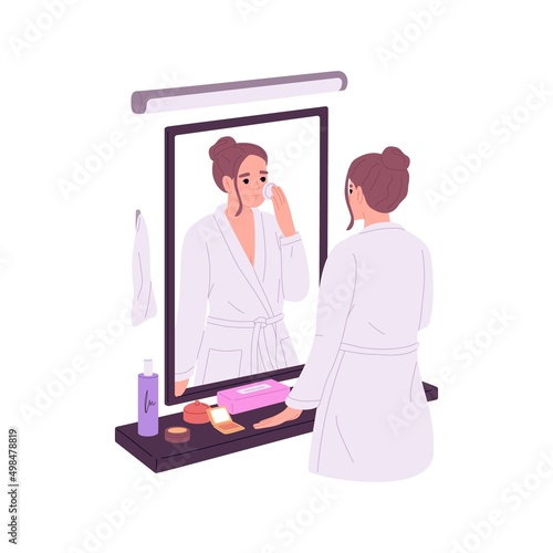Woman wiping off face makeup with cotton pad at bathroom mirror, removing cosmetics with cleansing lotion. Everyday beauty skin care routine. Flat vector illustration isolated on white background