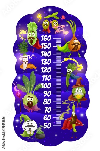 Funny magician, wizard and fairy vegetables kids height chart growth measure meter. Vector wall sticker with daikon and olives, cabbage, artichoke, onion and bean, champignon and asparagus, bean