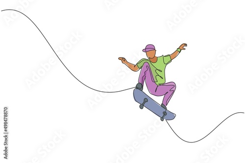 One continuous line drawing of young cool skateboarder man riding skateboard and doing a jump trick in skatepark. Extreme teenager sport concept. Dynamic single line draw design vector illustration