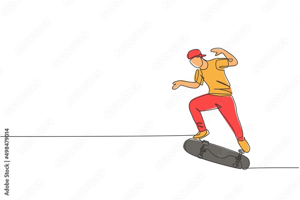 Obraz premium One single line drawing of young skateboarder man exercise riding skateboard in city street vector illustration. Teen lifestyle and extreme outdoor sport concept. Modern continuous line draw design