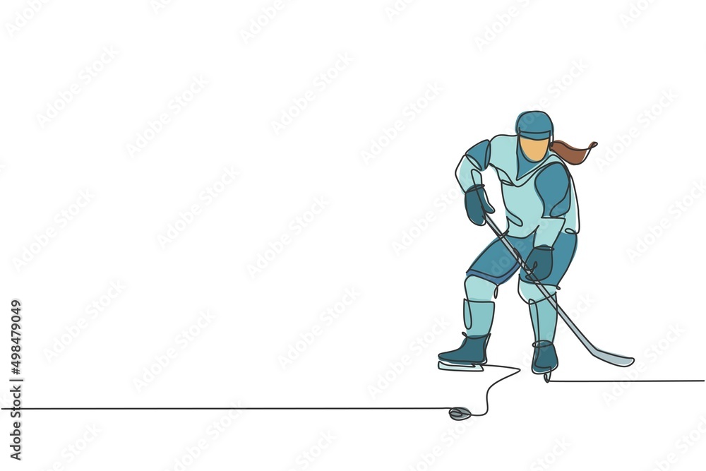 Obraz premium One single line drawing of young ice hockey player in action to play a competitive game on ice rink stadium graphic vector illustration. Sport tournament concept. Modern continuous line draw design