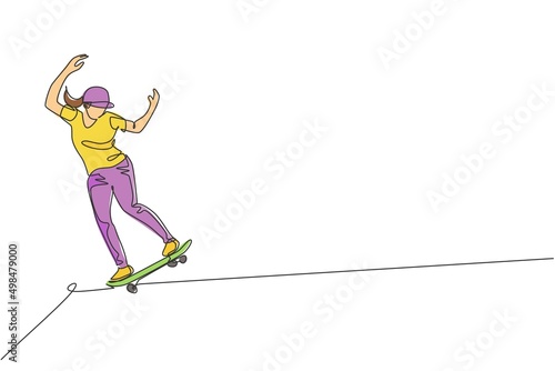 One continuous line drawing young cool skateboarder man riding skateboard doing a slide trick in skatepark. Extreme teenager sport concept. Dynamic single line draw design vector graphic illustration