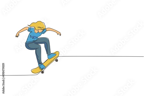 One continuous line drawing of young cool skateboarder woman riding skateboard doing a trick in skatepark. Extreme teenager sport concept. Dynamic single line draw graphic design vector illustration