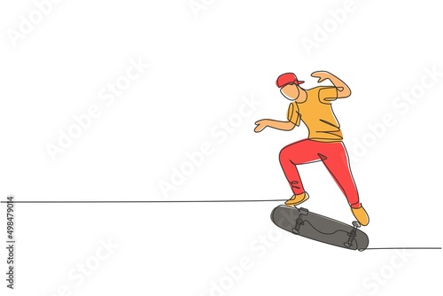 One single line drawing of young skateboarder man exercise riding skateboard in city street vector illustration. Teen lifestyle and extreme outdoor sport concept. Modern continuous line draw design