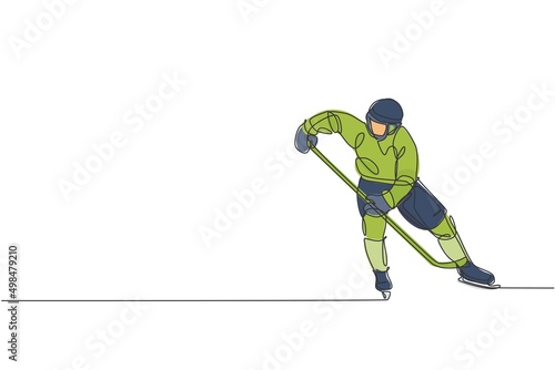 One continuous line drawing of young professional ice hockey player exercising and practicing on ice rink stadium. Healthy extreme sport concept. Dynamic single line draw design vector illustration