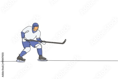 Single continuous line drawing of young professional ice hockey player pose stance defense on ice rink arena. Extreme winter sport concept. Trendy one line draw design vector graphic illustration