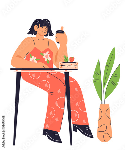 Woman enjoying coffee and cake, flat vector illustration isolated on white background. Coffee break in cafe or pastry shop. Sweet food and desserts.