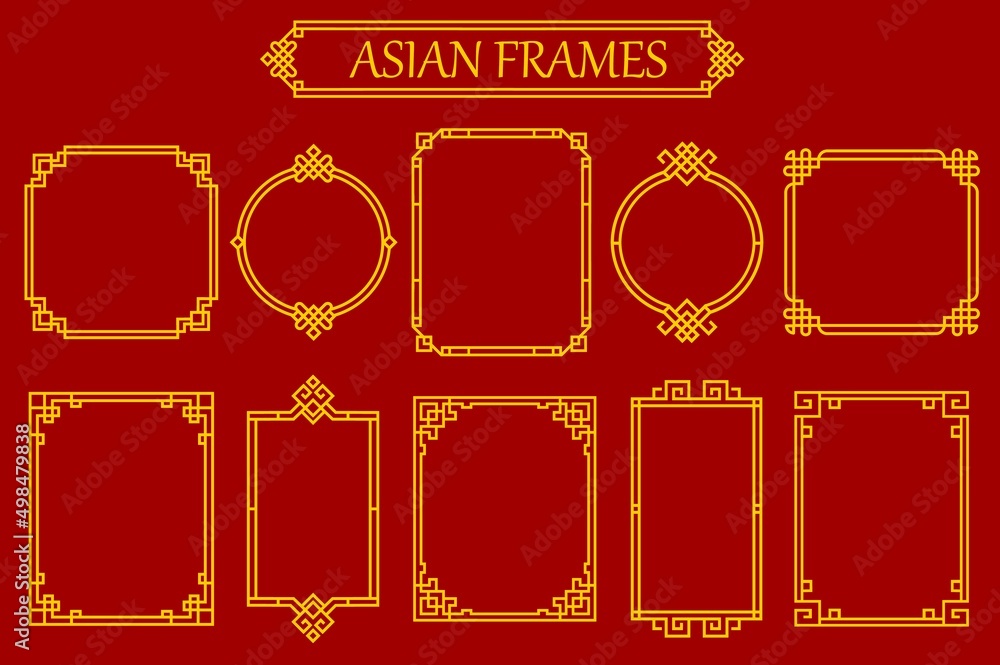 Asian chinese, japanese and korean frames and borders with knots, vector embellishments. Asian oriental golden ornament frames or corner borders in line knots, square and round dividers or borders Asian chinese, japanese and korean frames and borders with knots, vector embellishments. Asian oriental golden ornament frames or corner borders in line knots, square and round dividers or borders