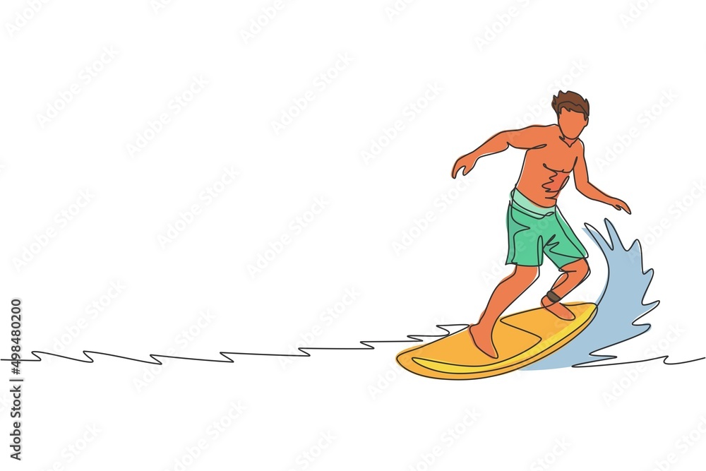 One continuous line drawing young happy tourist surfer exercising surfing on wavy ocean. Healthy extreme watersport concept. Summer holiday. Dynamic single line draw design vector illustration graphic