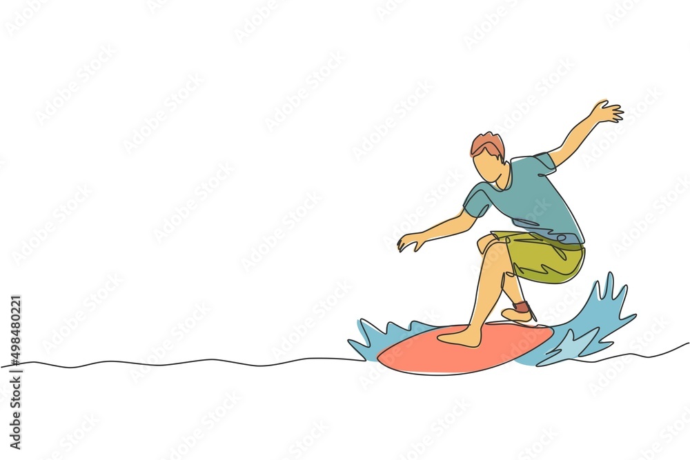 One continuous line drawing young happy tourist surfer exercising surfing on wavy ocean. Healthy extreme watersport concept. Summer holiday. Dynamic single line draw graphic design vector illustration