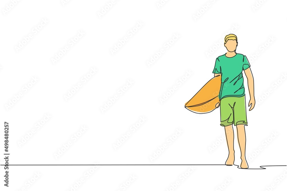 Single continuous line drawing of young professional surfer walking and carrying surfboard at sandy beach. Extreme watersport concept. Summer vacation. Trendy one line draw design vector illustration