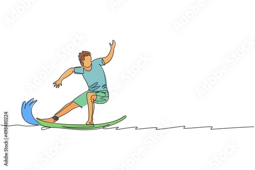 Single continuous line drawing young professional surfer in action riding the waves on blue ocean. Extreme watersport concept. Summer vacation. Trendy one line draw design vector graphic illustration