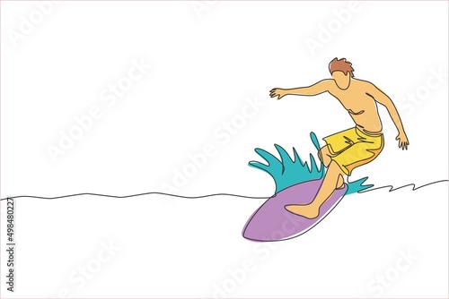 Single continuous line drawing young professional surfer in action riding the waves on blue ocean. Extreme watersport concept. Summer vacation. Trendy one line draw design vector illustration graphic