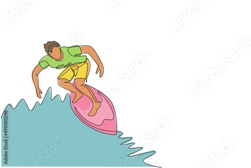 One single line drawing of young sporty surfer man riding on big waves barrel in surfing beach paradise vector illustration. Extreme water sport lifestyle concept. Modern continuous line draw design