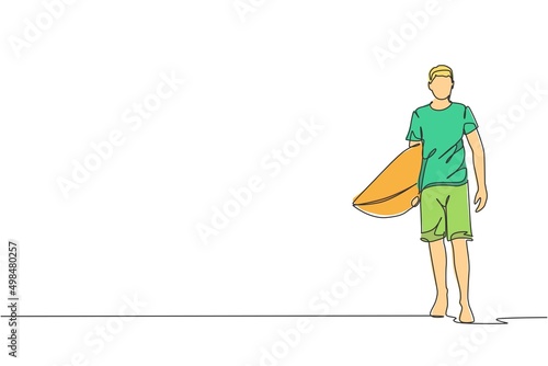 Single continuous line drawing of young professional surfer walking and carrying surfboard at sandy beach. Extreme watersport concept. Summer vacation. Trendy one line draw design vector illustration