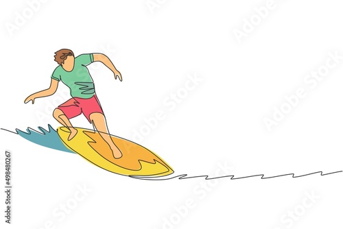 One continuous line drawing young happy tourist surfer exercising surfing on wavy ocean. Healthy extreme watersport concept. Summer holiday. Dynamic single line draw design vector illustration graphic