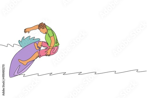 One continuous line drawing young happy tourist surfer exercising surfing on wavy ocean. Healthy extreme watersport concept. Summer holiday. Dynamic single line draw design vector graphic illustration © Simple Line