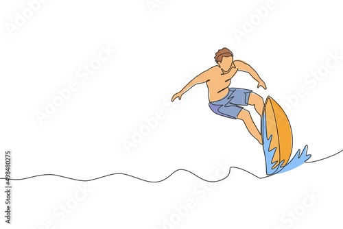 One single line drawing of young sporty surfer man riding on big waves in surfing beach paradise vector graphic illustration. Extreme water sport lifestyle concept. Modern continuous line draw design