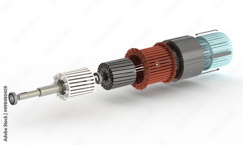 Stator and Rotor exploded view presentation for electric motor,3d illustration isolated on white background Stator and Rotor exploded view presentation for electric motor,3d illustration isolated on white background