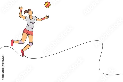 Single continuous line drawing of female young volleyball athlete player in action jumping spike on court. Team sport concept. Competition game. Trendy one line draw design vector graphic illustration