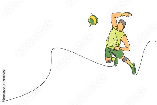 One continuous line drawing of young male professional volleyball player in action jumping smash on court. Healthy competitive team sport concept. Dynamic single line draw design vector illustration