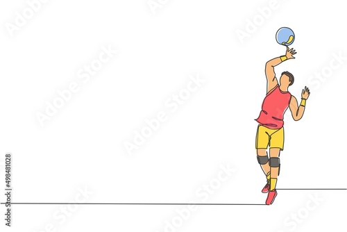 Single continuous line drawing of male young volleyball athlete player in action serve the ball on court. Team sport concept. Competition game. Trendy one line draw design vector graphic illustration © Simple Line