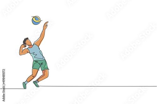 One continuous line drawing young male professional volleyball player in action serve ball on court. Healthy competitive team sport concept. Dynamic single line draw design vector graphic illustration