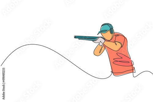 One continuous line drawing of young man on shooting training ground practice for competition with rifle shotgun. Outdoor shooting sport concept. Dynamic single line draw design vector illustration