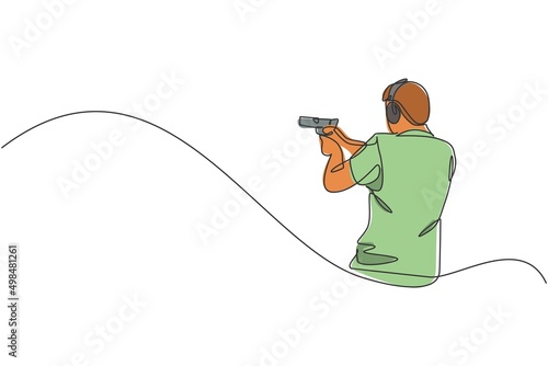 One continuous line drawing of young man on shooting training ground practice for competition with pistol handgun. Outdoor shooting sport concept. Dynamic single line draw design vector illustration