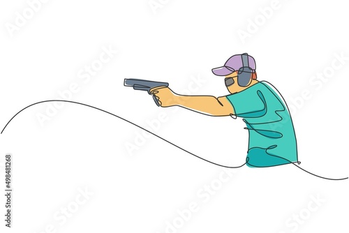 One single line drawing of young man practicing to shot target in range on shooting training ground vector graphic illustration. Clay pigeon shooting sport concept. Modern continuous line draw design