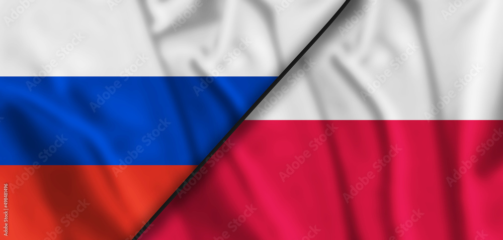 Fototapeta premium Poland and Russia two flags textile cloth, fabric texture. 3d illustration.