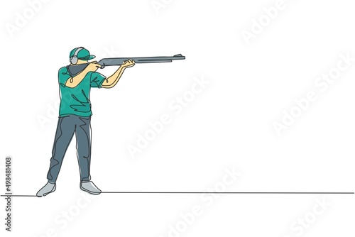 One continuous line drawing of young man on shooting training ground practice for competition with rifle shotgun. Outdoor shooting sport concept. Dynamic single line draw design vector illustration