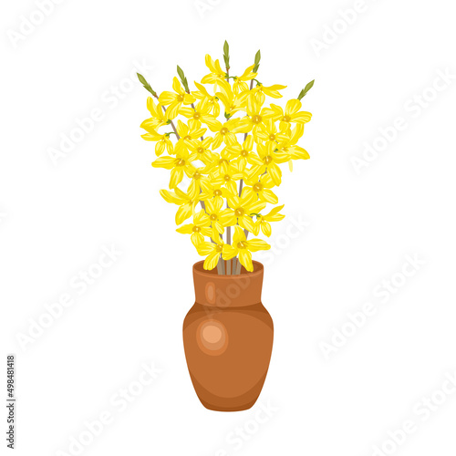 Valokuvatapetti Bouquet of blooming forsythia in clay brown vase isolated on white background