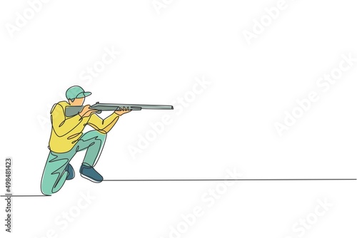 One single line drawing of young man practicing to shot target in range on shooting training ground vector graphic illustration. Clay pigeon shooting sport concept. Modern continuous line draw design