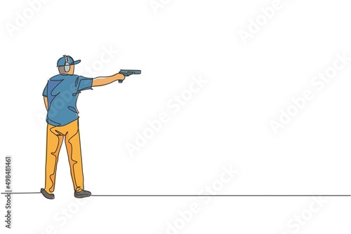 One continuous line drawing of young man on shooting training ground practice for competition with pistol handgun. Outdoor shooting sport concept. Dynamic single line draw design vector illustration