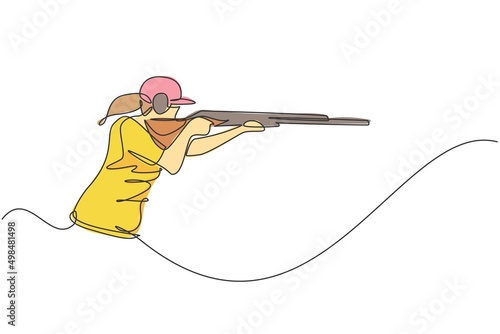 One continuous line drawing young woman on shooting training ground practice for competition with rifle gun. Outdoor shooting sport concept. Dynamic single line draw design vector illustration graphic