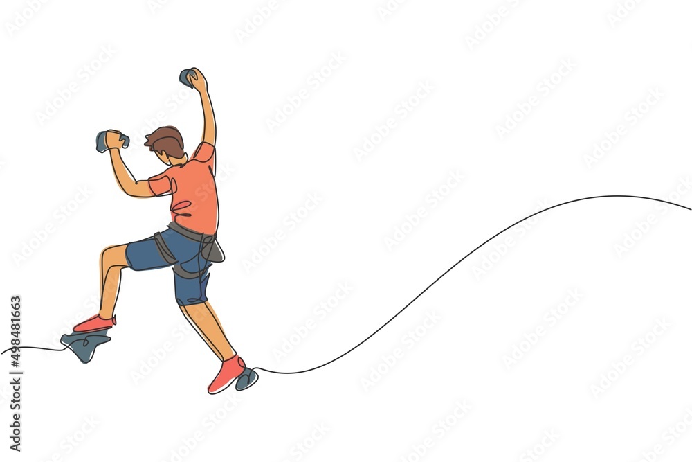 One single line drawing of young active man climbing on cliff mountain holding safety rope vector graphic illustration. Extreme outdoor sport and bouldering concept. Modern continuous line draw design One single line drawing of young active man climbing on cliff mountain holding safety rope vector graphic illustration. Extreme outdoor sport and bouldering concept. Modern continuous line draw design