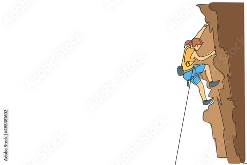 Single continuous line drawing of young muscular climber woman climbing hanging on mountain grip. Outdoor active lifestyle and rock climbing concept. Trendy one line draw design vector illustration
