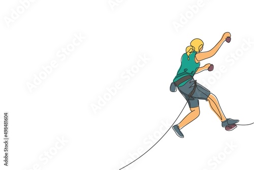 One single line drawing young active woman climbing on cliff mountain holding safety rope vector graphic illustration. Extreme outdoor sport and bouldering concept. Modern continuous line draw design