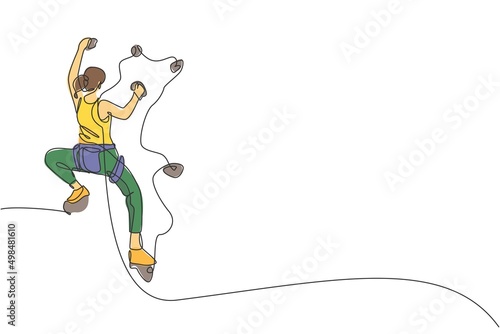 One continuous line drawing of young bravery climber woman practice overhanging cliff mountain with safety rope. Dangerous extreme sport concept. Dynamic single line draw design vector illustration