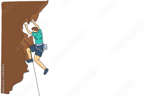 One continuous line drawing of young bravery climber man practice overhanging rock cliff mountain with safety rope. Dangerous extreme sport concept. Dynamic single line draw design vector illustration