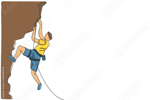 Single continuous line drawing of young muscular rockclimber man climbing hanging on mountain grip. Outdoor active lifestyle and rock climbing concept. Trendy one line draw design vector illustration