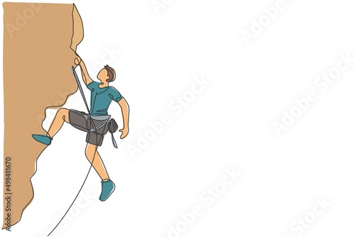 Single continuous line drawing of young muscular rockclimber man climbing hanging on mountain grip. Outdoor active lifestyle and rock climbing concept. Trendy one line draw design vector illustration photo