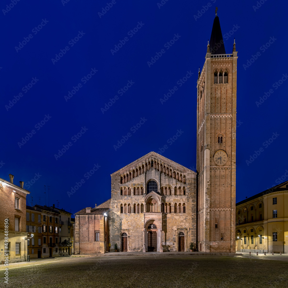 Piazza Duomo square in the historic center of Parma, Italy, in twilight light