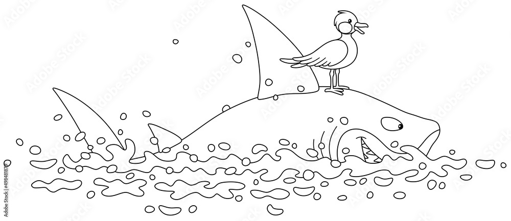 Funny great white shark and a small seagull swimming in open waters of a tropical sea, black and white vector cartoon illustration for a coloring book page