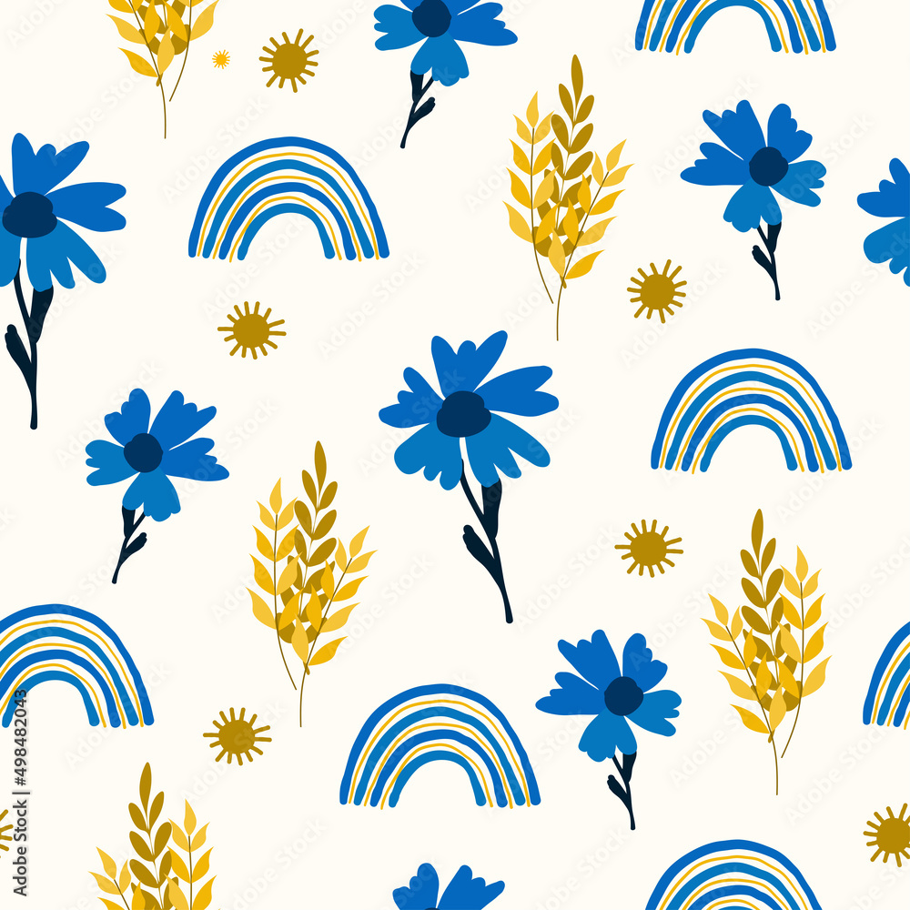 Seamless floral natural abstract  pattern, white background. Millefleurs style.  Blue yellow. Flowers and leaves. Botanical. Hand drawn.